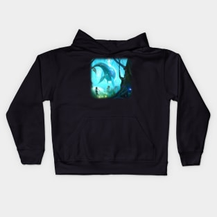 Flying whale in magical forest Kids Hoodie